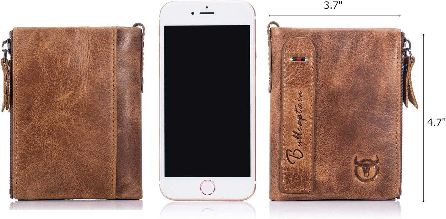 Genuine Leather Wallet for Men Vintage Bifold with Double Zipper Pockets BrownZ250910