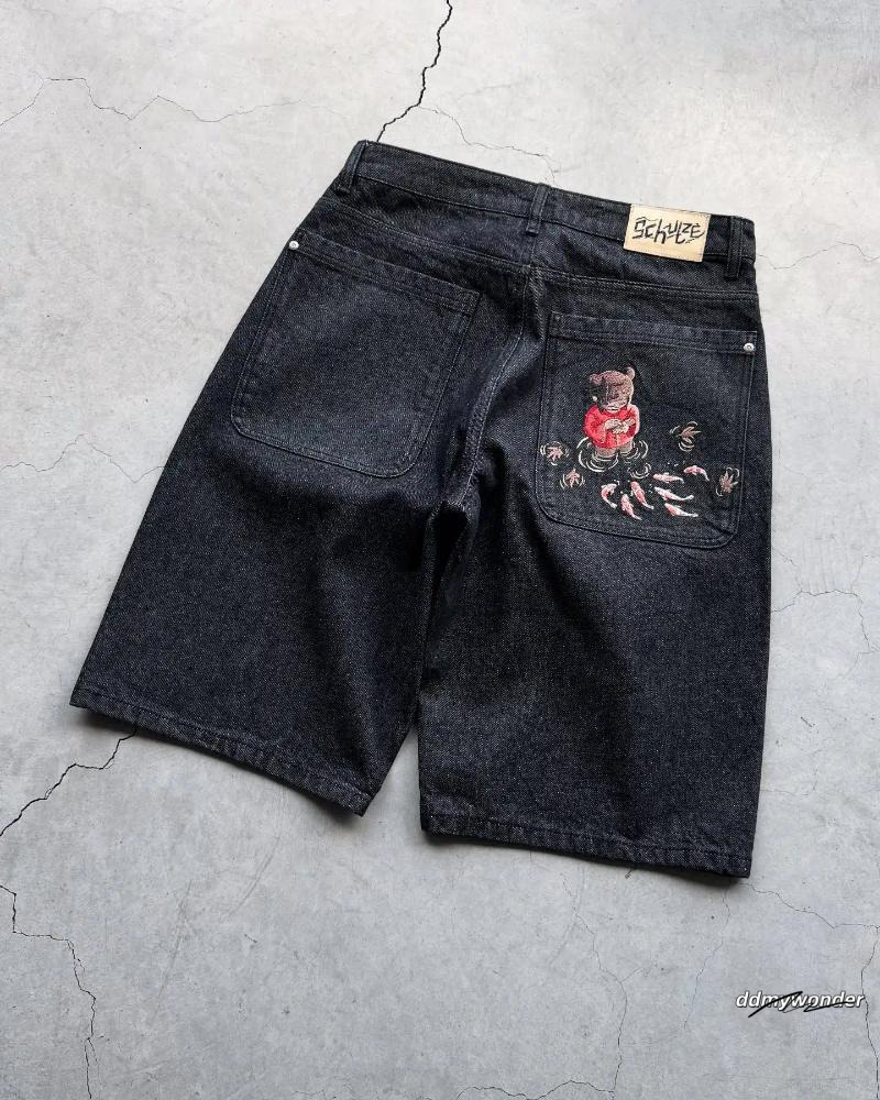 Men's Shorts Fashion Cherry Blossom Pocket Embroidery Jeans Men Women Retro Baggy Black Denim Short Jorts Hip Hop Streetwear Pants