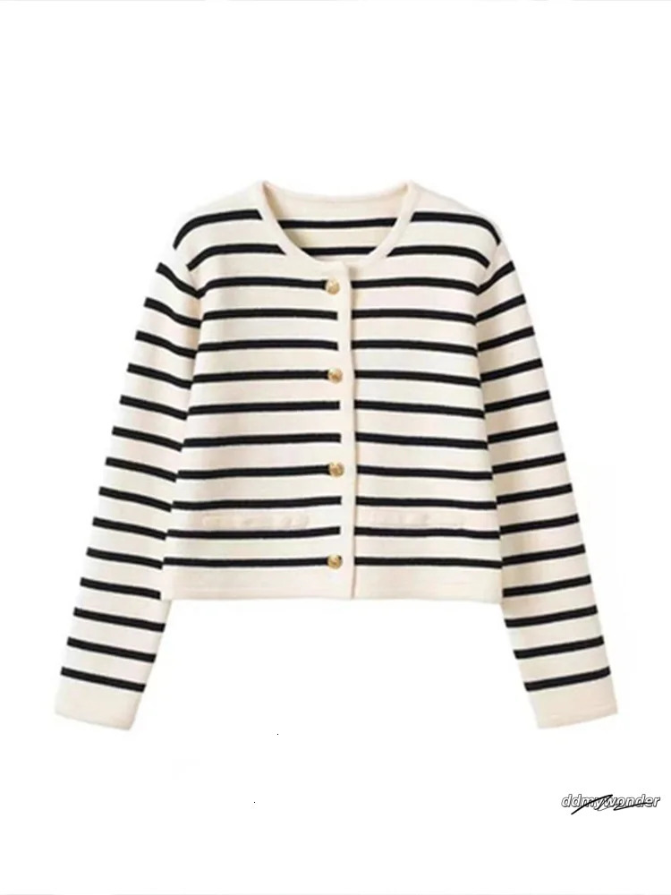 Women Spring Autumn Sweaters O-Neck Stripe Knitted Cardigan Fashion Long Sleeve Casual Short Tops Korean Style New