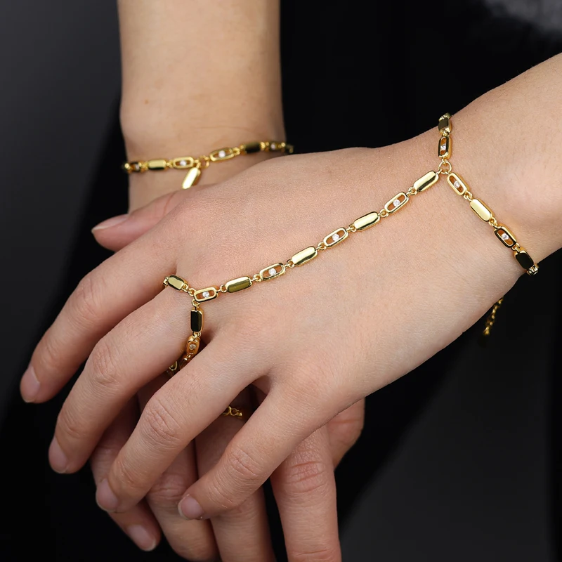 2025 New Women Fashion Jewelry Geometric CZ Rectangle Charm Link Hand Chain Bracelet Choker Y Lariat Necklace