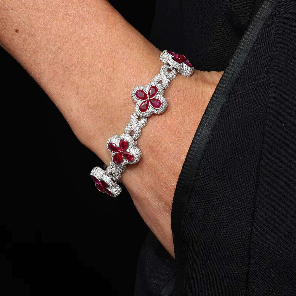 Fashion Mens Jewelry 17mm Sterling Sier VVS Moissanite Dia Colorful Iced Out Four Leaf Clover Infinity Link Bracelet