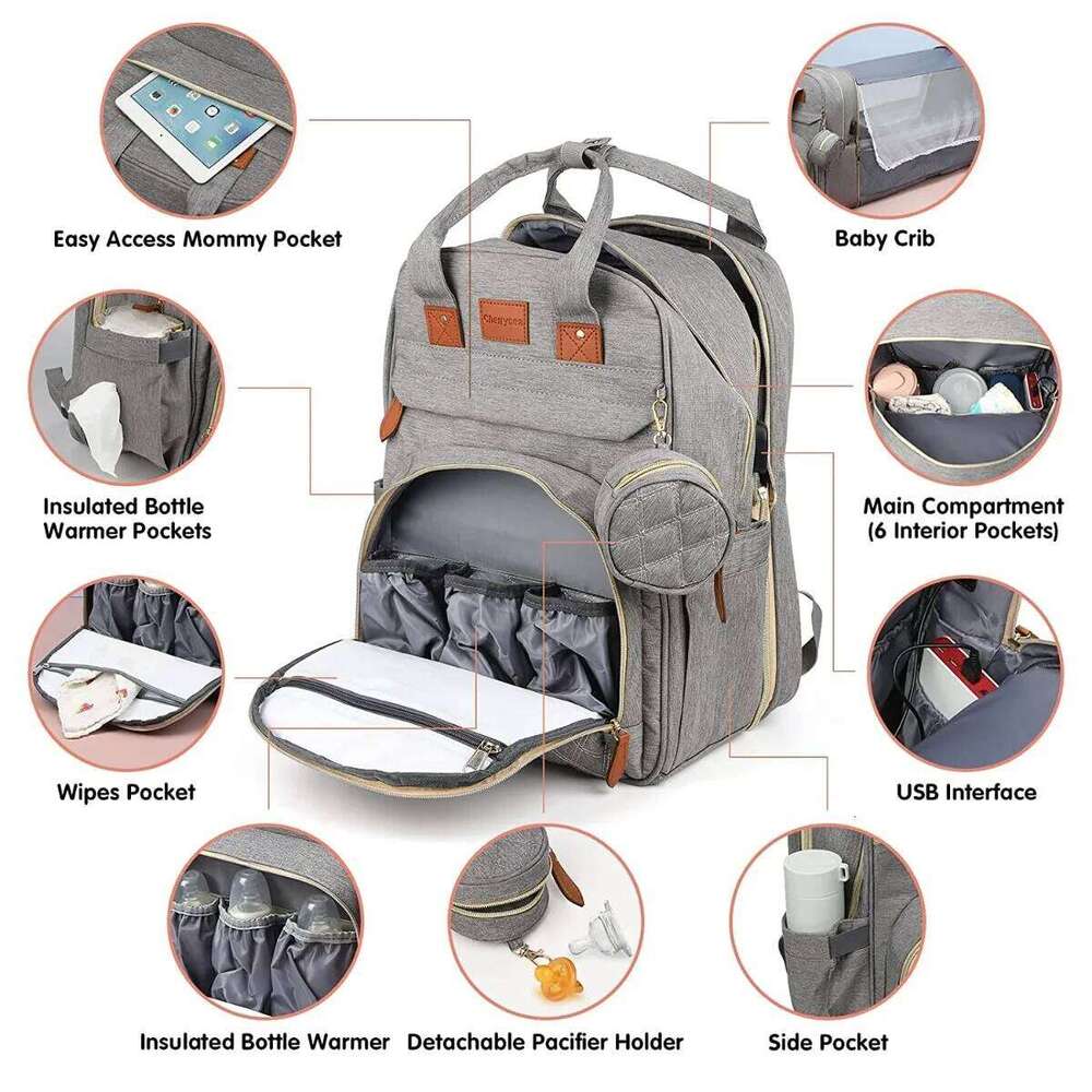 3 in 1 Backpack Foldable Bed Waterproof Travel Bag with USB Charge Diaper , Baby DiaperBags for Boys Girls