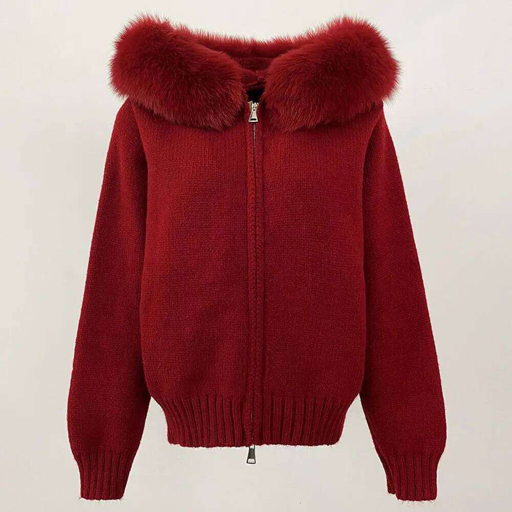 Designer Clothing 2025 Winter Women Knitted Jacket With Natural Placket Coat Casual Real Fox Fur Collar New Fashion Short Warm Loose Luxury Bag