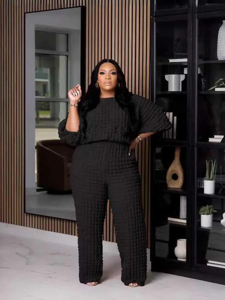 Curvy Plus Size Woman Clothing Fall Winter Long Sleeve 2 Piece Outfit Set Bubble Waffle Pleated Top and Pants Sets Elegant Suit 250910