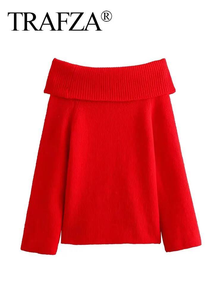 TRAFZA Women Fashion Solid Off Shoulder Long Sleeve Knitted Pullover Sweater Autumn Female Casual Knitwear Chic Top dongdumaoyi