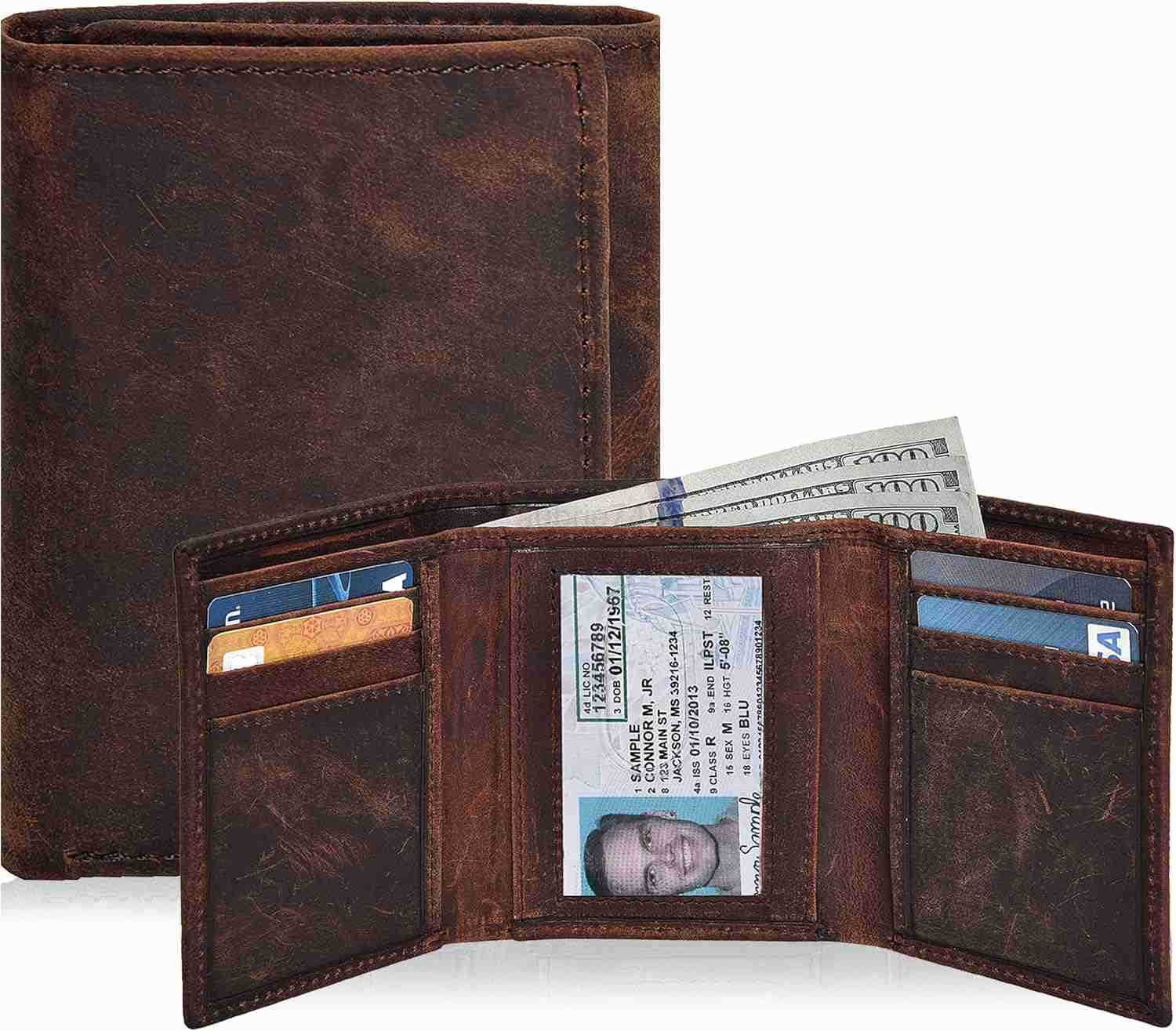 Leather Mens Trifold Wallet RFID Blocking Slim Minimalist Front Pocket Thin Stylish with ID Window in Gift BoxZ250910