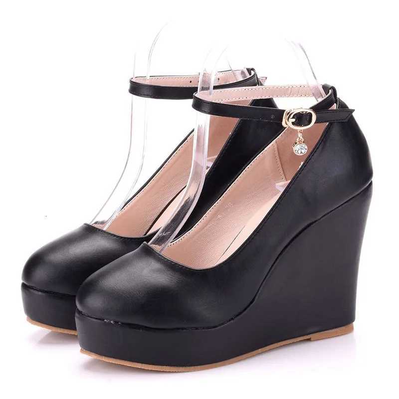 Large size round toe platform highheeled shoes sloping single shoes with wedge heels white black wedge heels for women W250910
