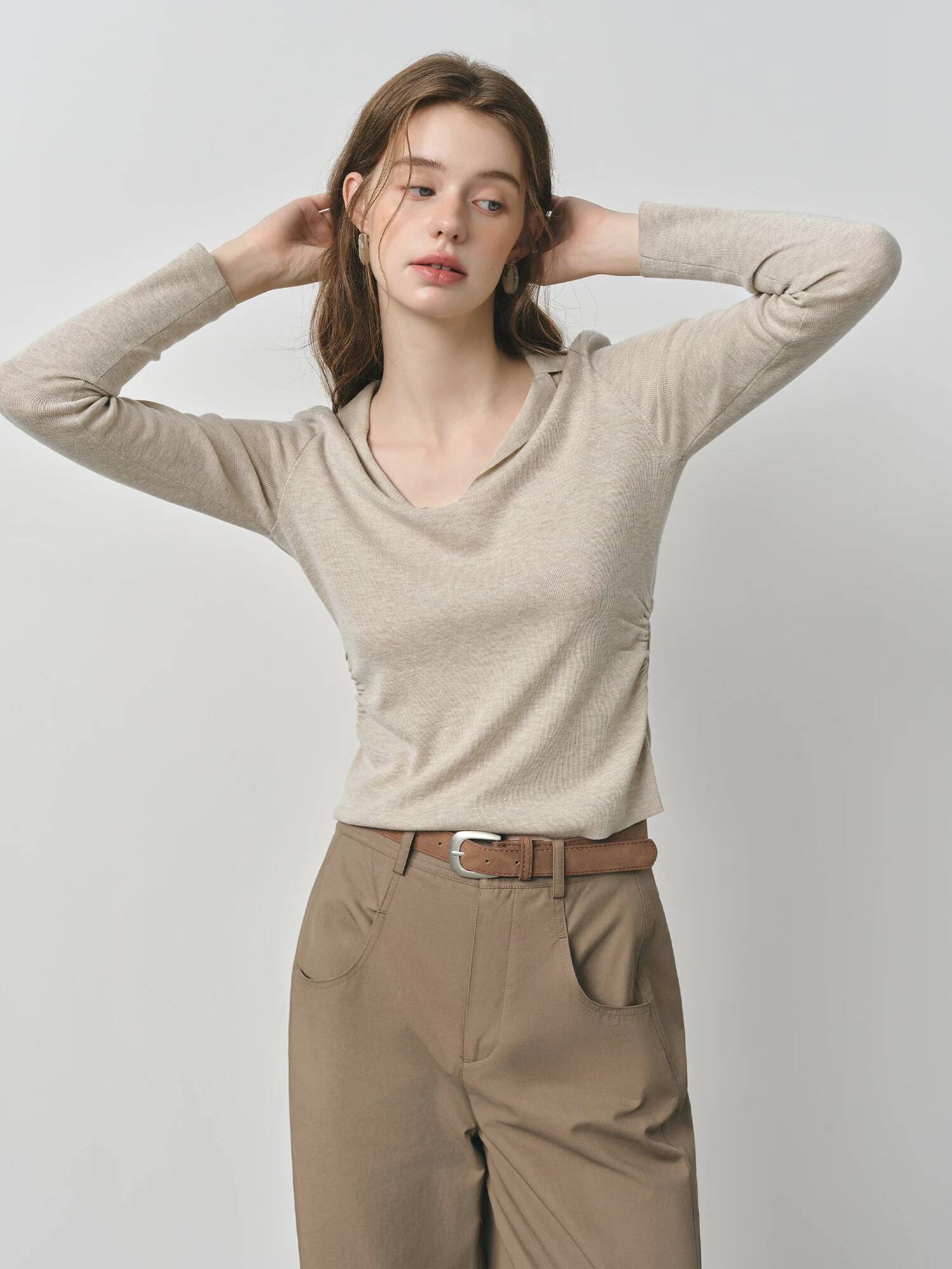 FSLE 2025 Early Autumn Women's Wool Knit T-Shirt V-Neck Elegant Office Casual Minimalist Top Y2K Coquette Pullover 25FS13301 dongdumaoyi