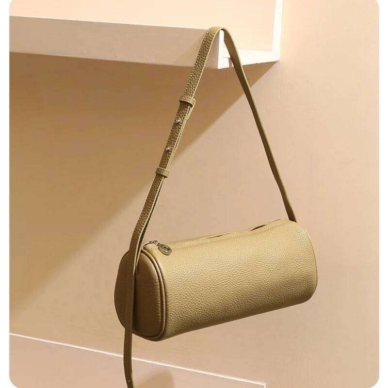 Simple Designer Horizontal Cylinder Barrel-Shaped Flap Women Cowhide Leather Shoulder Solid Color Bags Crossbody Purse