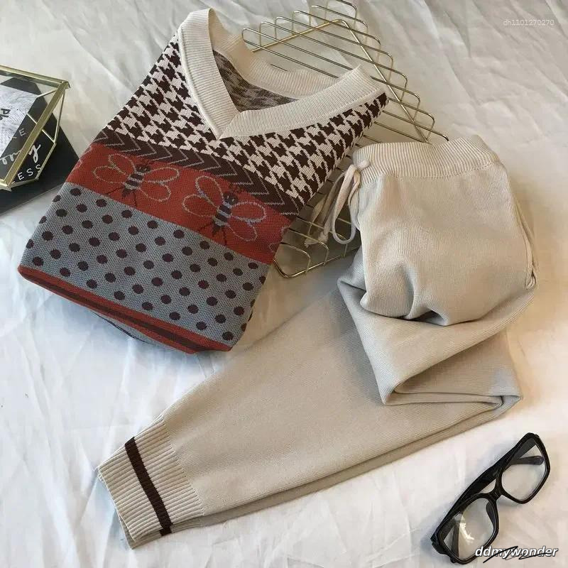 Women's Tracksuits Sweater Two Piece Sets Ankle-Length Pants Tracksuit Knit Outfits Women Vintage Print Long Sleeve V-Neck Patchwork