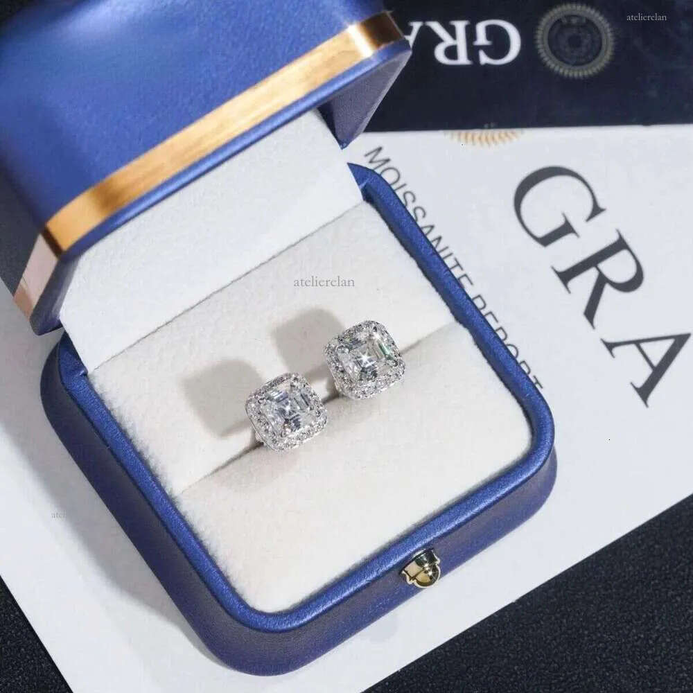 Tester Certified RTS Hip Hop Jewelry Sier Asscher Cut VVS Dia Moissanite Stud Earrings