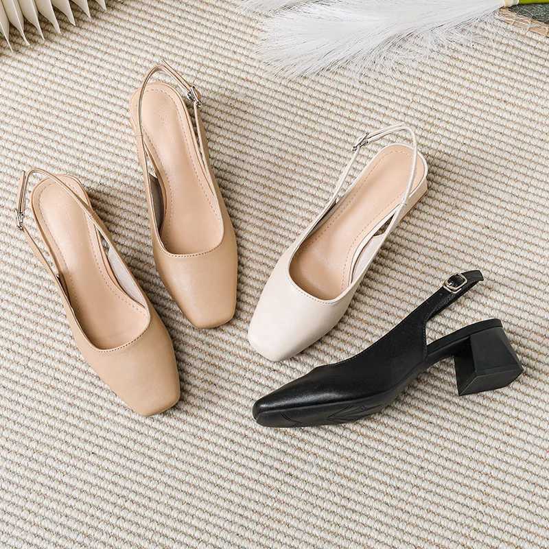 2024 New Mid Thick Heel High Heels Womens Shoes French Baotou Sandals Womens Summer Shallow Mouth Large W250910
