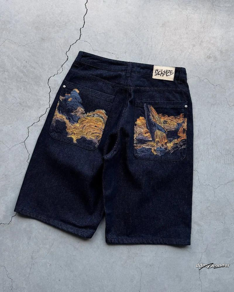 Men's Shorts Fashion Cherry Blossom Pocket Embroidery Jeans Men Women Retro Baggy Black Denim Short Jorts Hip Hop Streetwear Pants