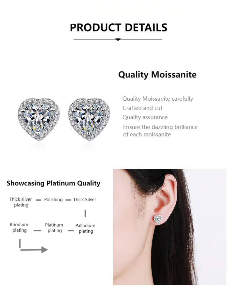 Exquisite HeartShape 925 Sterling Silver Moissanite Stud Earrings Fashionable Jewelry