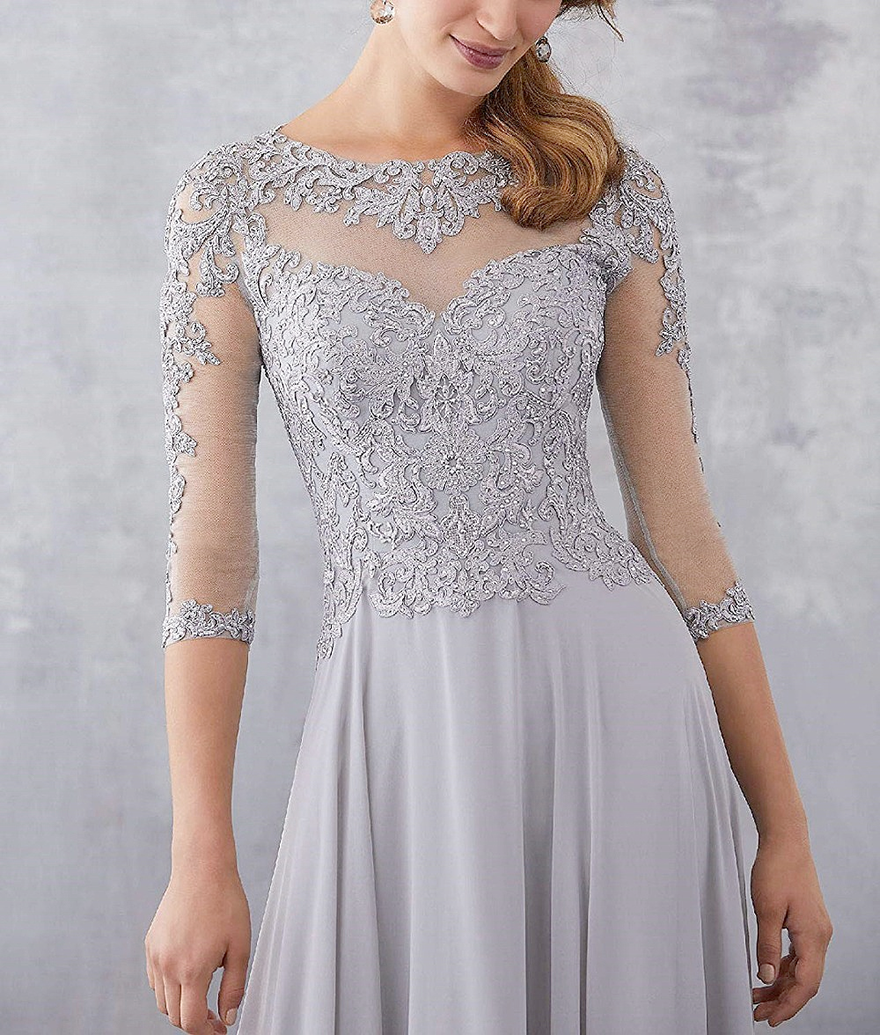 Purple Lace Applique Beaded Mother of the Bride Dresses Elegant Three Quarter Sleeve Long Chiffon Evening Formal Mother Dress