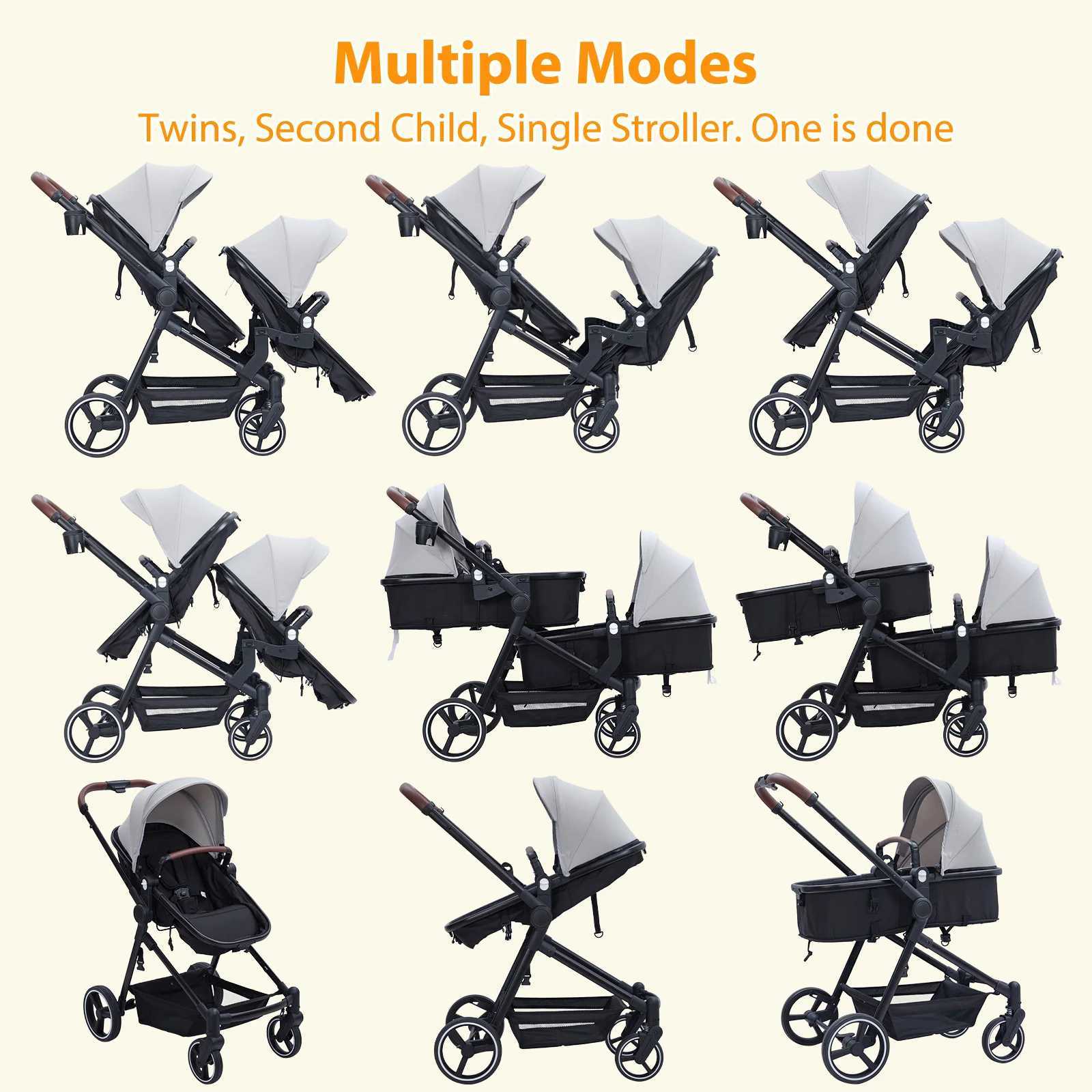 Double Stroller Track Tandem Stroller for Infant and Toddler Foldable Pushchair Bassinet Pram MultiPosition Reversible W250910