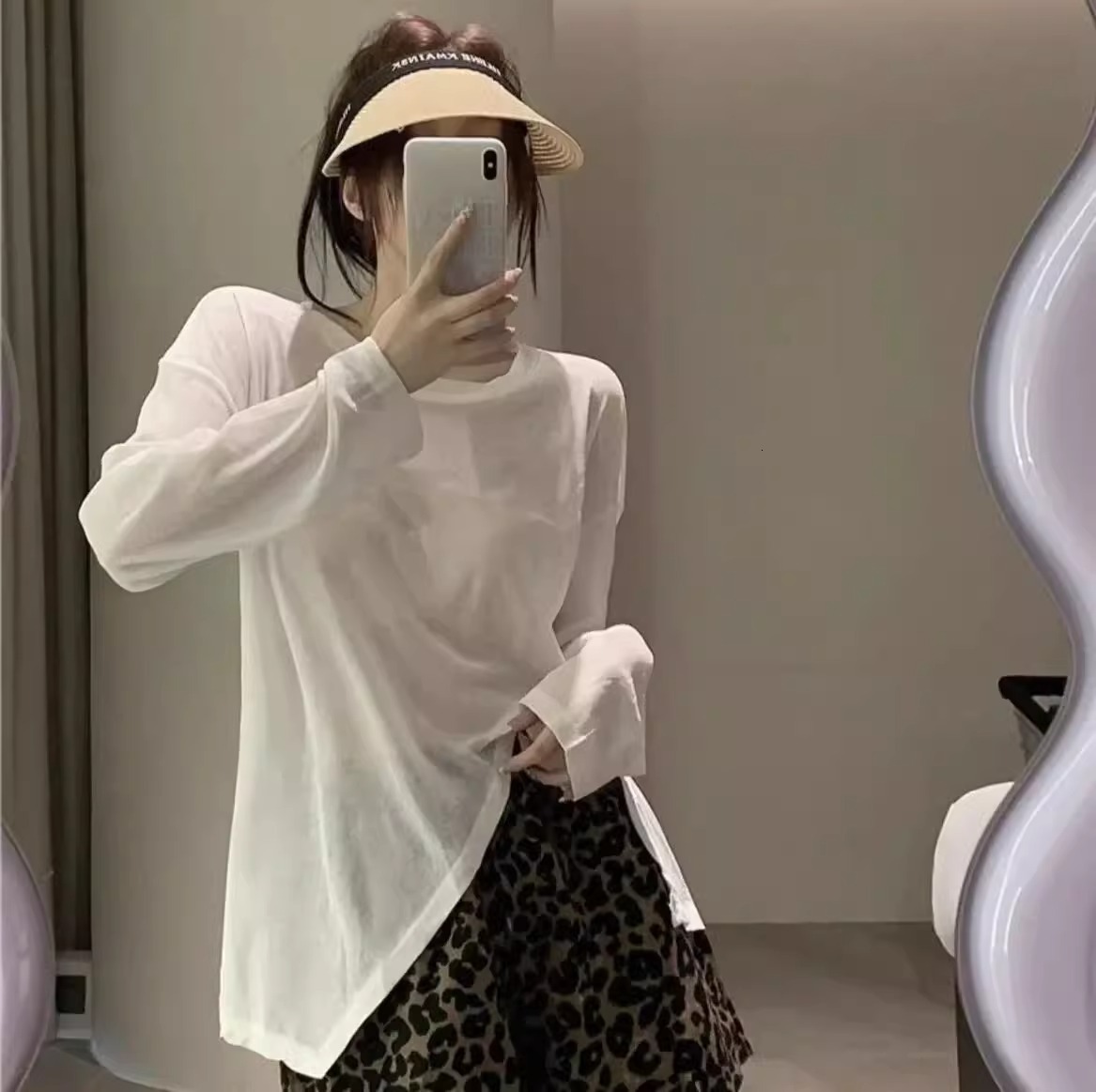 2025 New Ice Silk Cool Thin Split Long Sleeve Sunscreen Shirt for Women, Irregular Fashion Loose Cover, Autumn and Winter New Designer Knitted Clothin