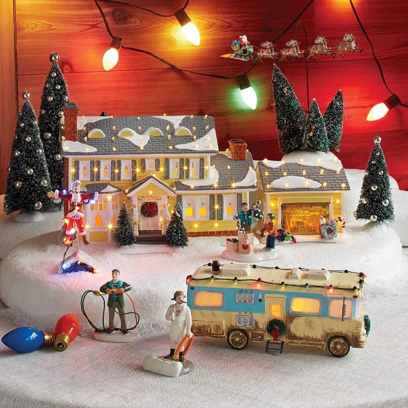 Decorations Brightly Lit Building Christmas Santa Claus Car House Village Holiday Garage Decoration Griswold Villa Home Desktop Figurines 829