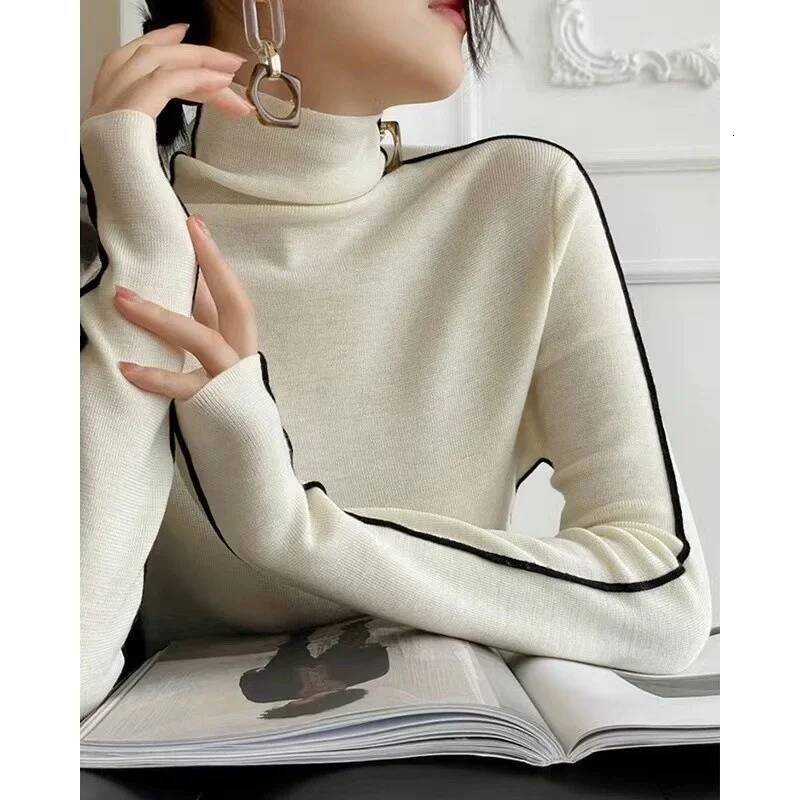 High Neck Knitted Sweater Women Autumn Winter Trendy Color Blocking Slim Fit Sweaters Female Base Simplicity Long Sleeved Tops dongdumaoyi