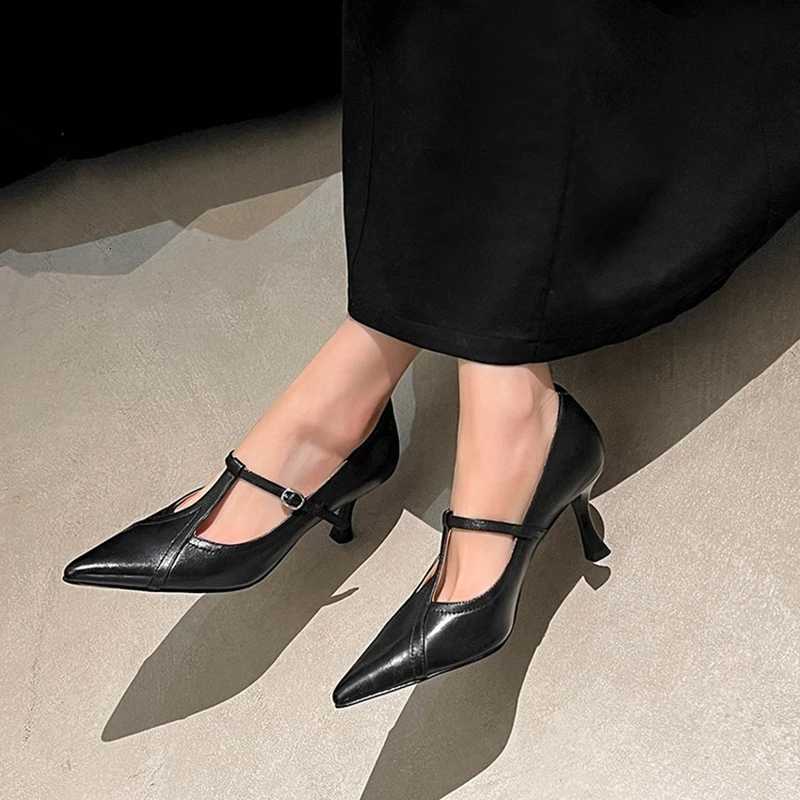 NEW SpringAutumn Women Pumps Genuine Leather Shoes for Women Pointed Toe Thin Heel Shoes Concise Tstrap Shallow Designer Shoes W250910