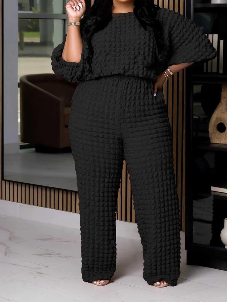 Curvy Plus Size Woman Clothing Fall Winter Long Sleeve 2 Piece Outfit Set Bubble Waffle Pleated Top and Pants Sets Elegant Suit 250910