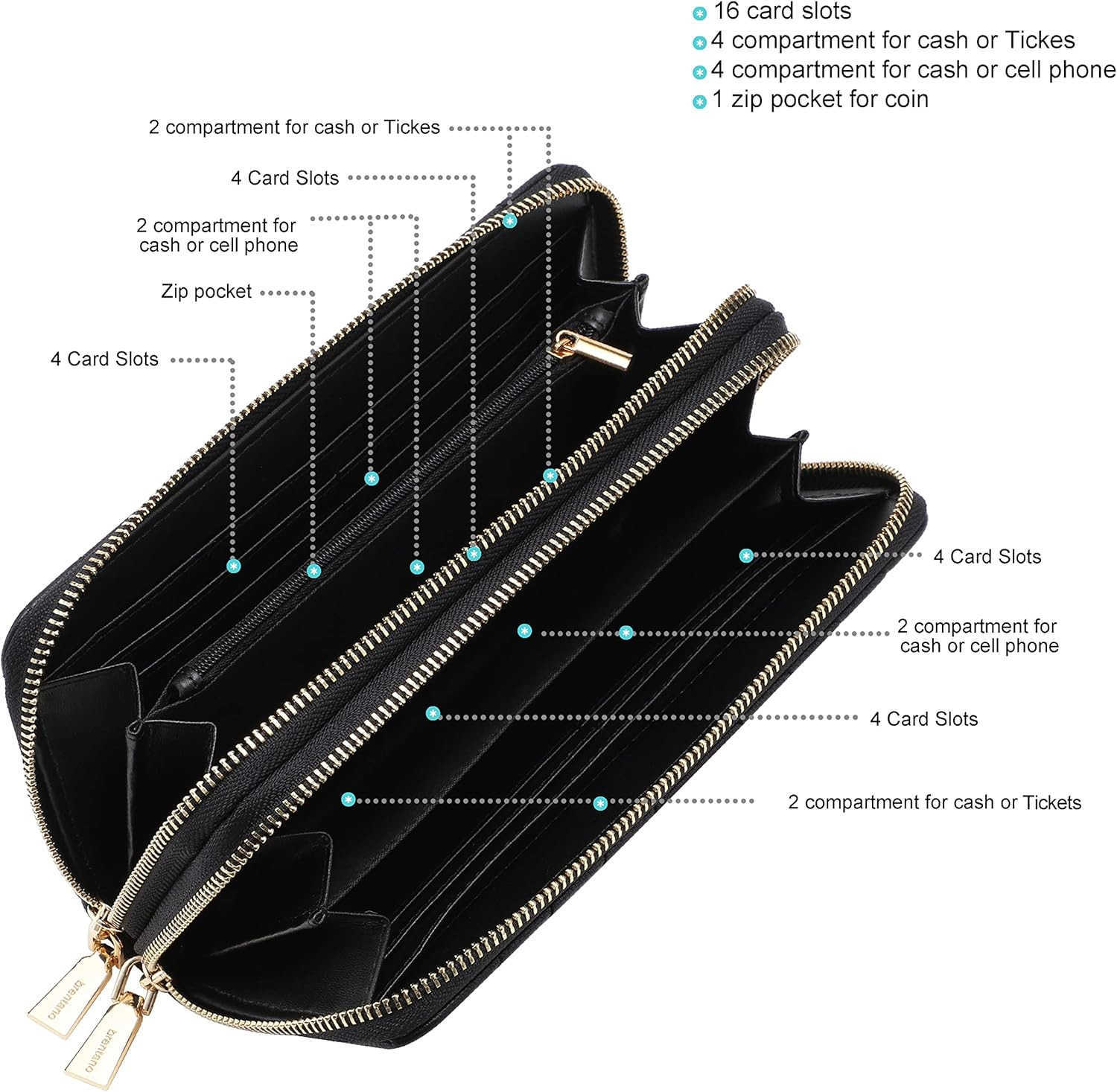 Vegan Leather Double Zipper Pocket Wallet with Grip Hand Strap Chevron Embroidered BlackZ250910