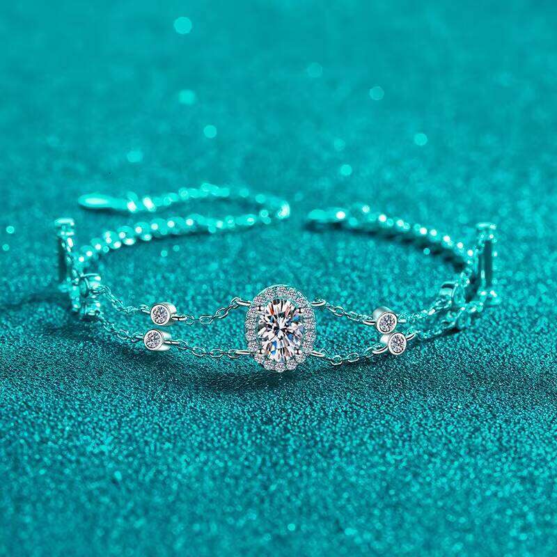 Sterling Sier Moissanite Double Chain Bracelet Trendy Blue Oval Design for Weddings and Parties