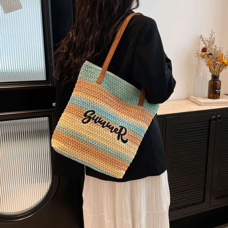 Lanjia- Handmade Straw Tote For Women, Large Capacity Commuter Bucket Single Shoulder Underarm Bag, Unique Rainbow Color Block Shopping Bag B2df9