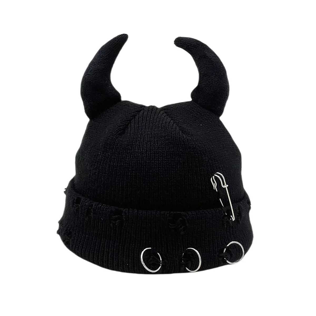 Little Devil Ears AutumnWinter Knitted Hat Woolen Hat Men and Women Landlord Hat Broken Hole Decorative Gui HatXJ250910