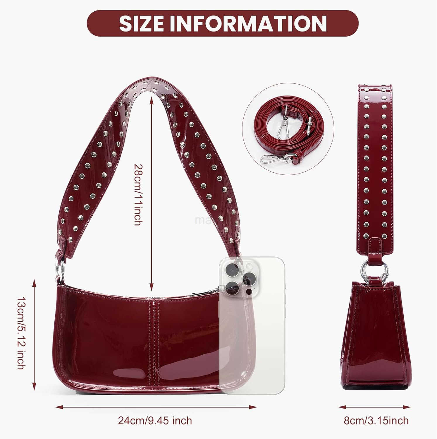 Shoulder Bags for Women Patent Leather Handbags Red Purse Vintage Y2k Studded Shoulder Crossbody Bag Small Hobo Bag M250910