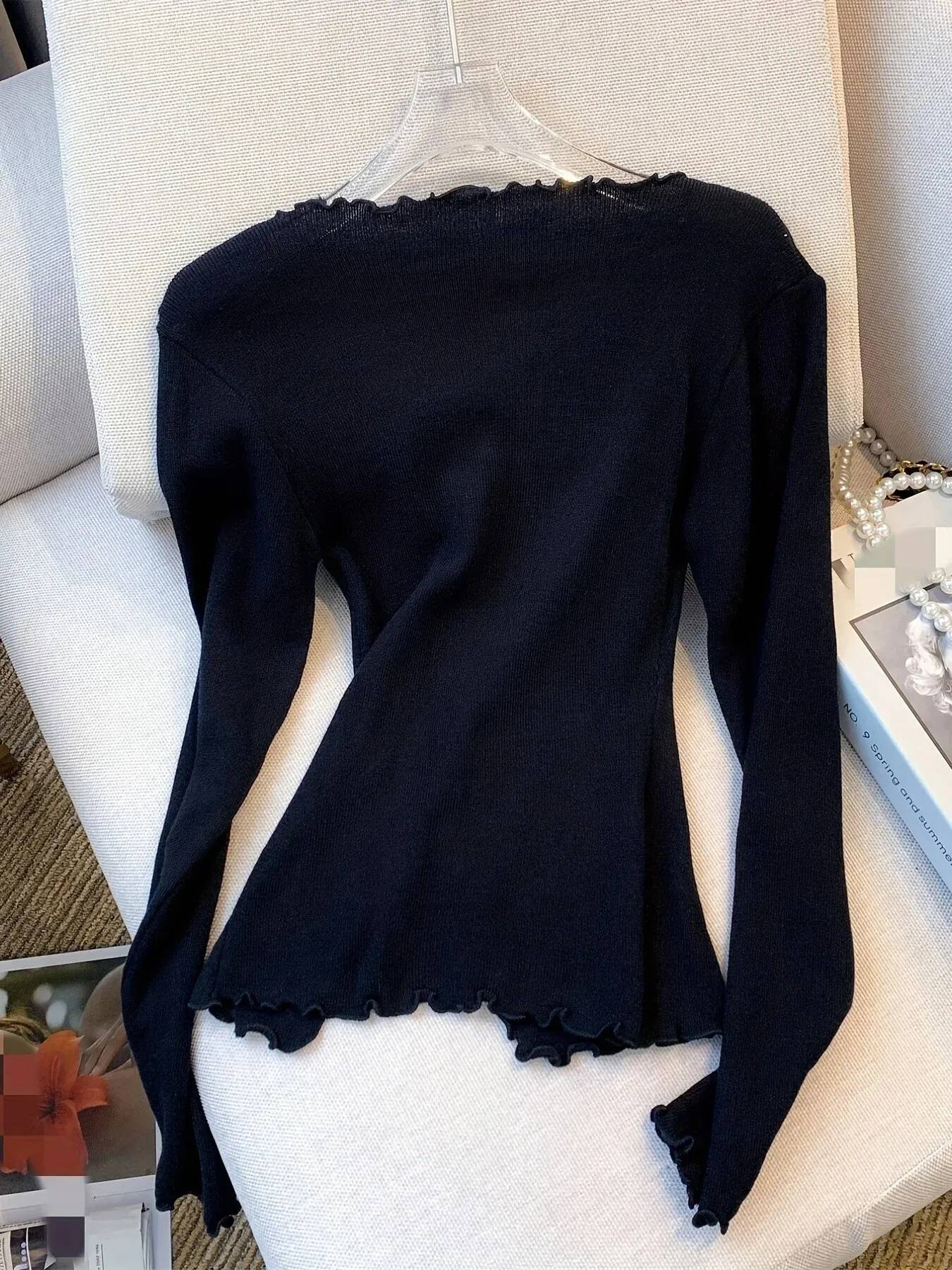Black/White Solid Lettuce Trim Bowknot Pullover Y2K Casual Long Sleeve Sweater For Spring & Fall Women's Clothing dongdumaoyi
