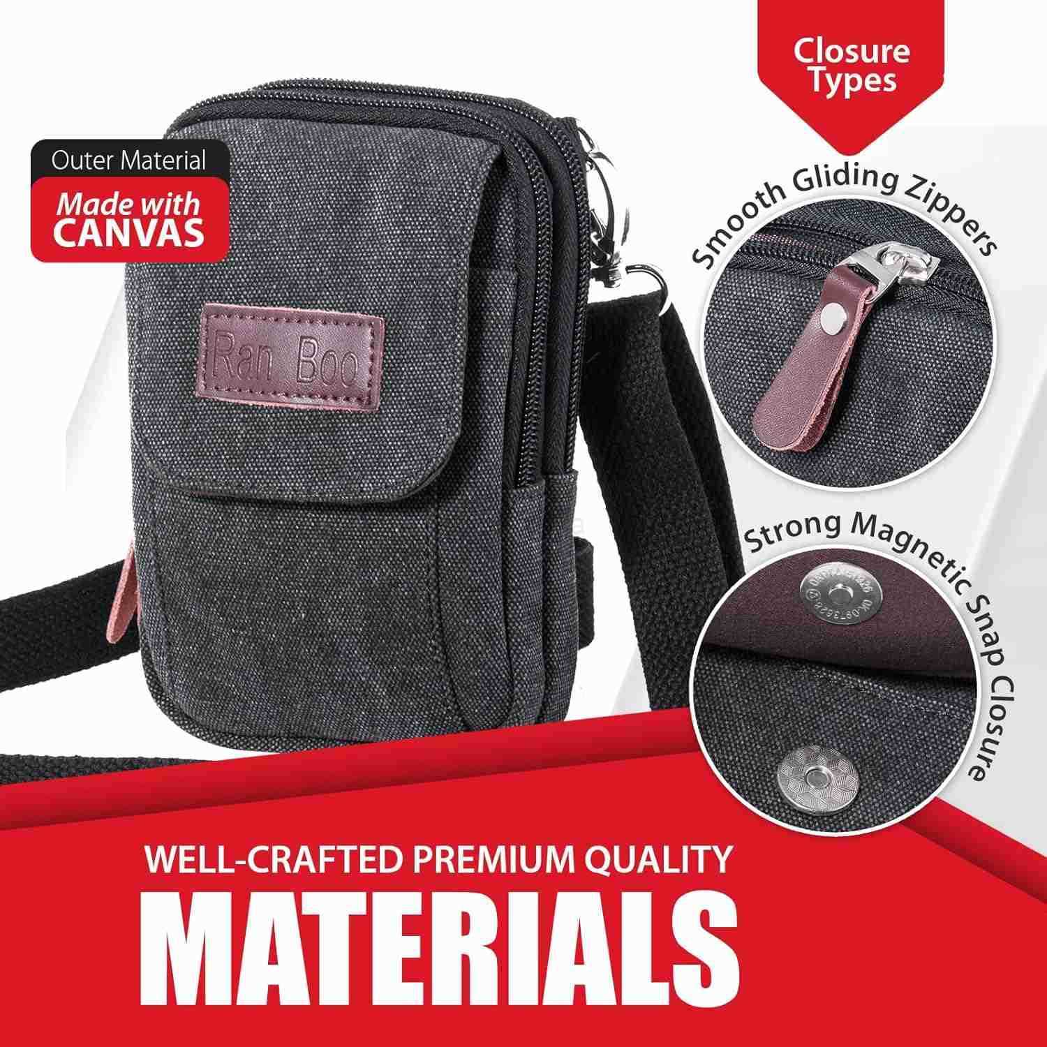 Canvas Phone Pouch for Men Small Crossbody Purse Shoulder Cell Phone Arm Bag Multifunction Carrier Belt Clip Holster Case Fit for iPhone 1615141312 Pr