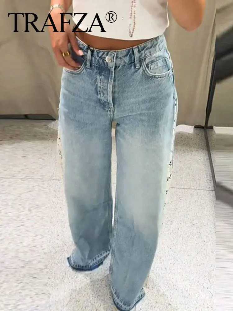 TRAFZA Womens Jean Lace Hollow Out Patchwork High Waist Denim Trouser Ladies Office Commute Streetwear Woman Wide Leg Long Pant Z250910