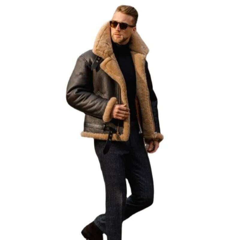 Designer Clothing 2025 Sleeve Coats Winter Jackets Leather And Fur Integrated High Quality Thick Dark Coffee Colored Long Sleeves Men Clothing Luxury 