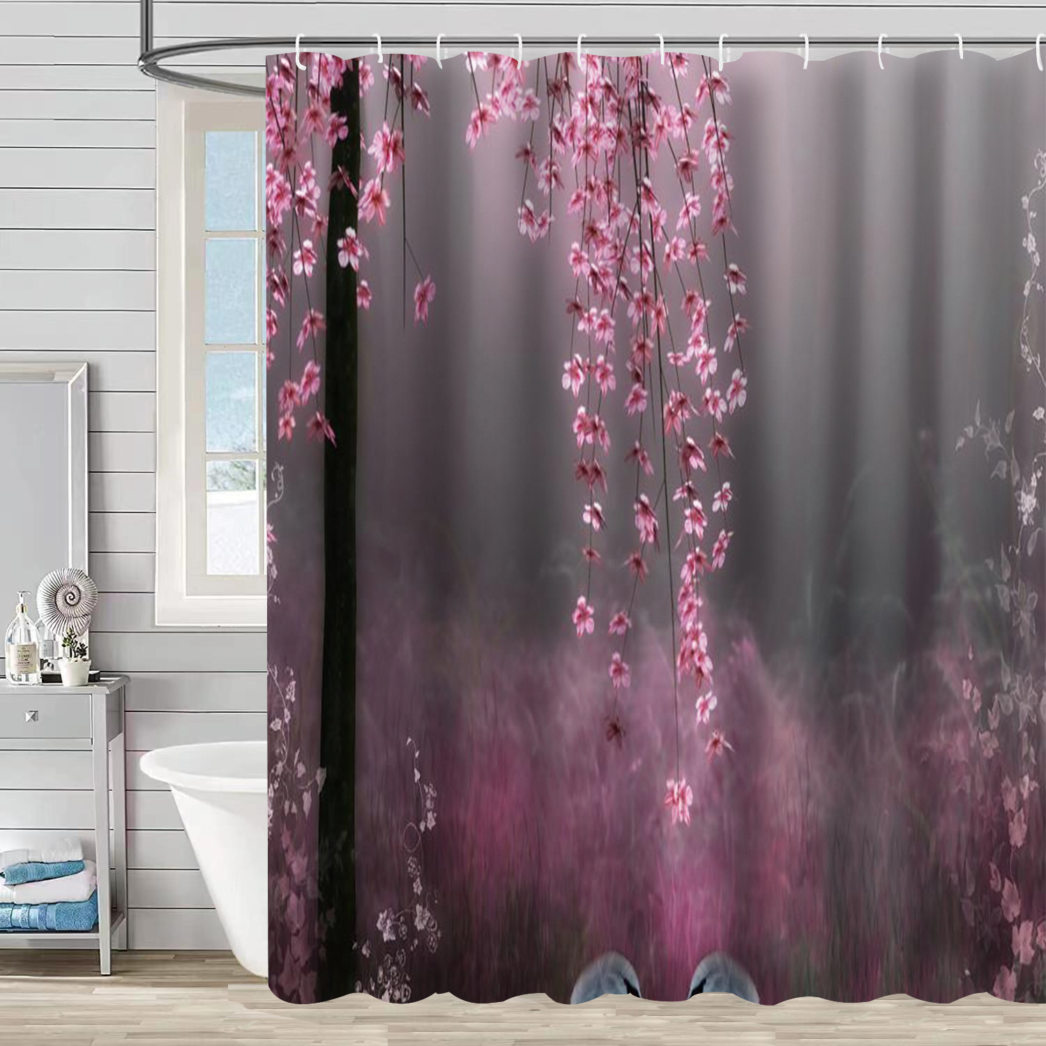YL-37139 digital shower curtain cross-border plant flower waterproof polyester bathroom four-piece set dry and wet separation moisture-proof
