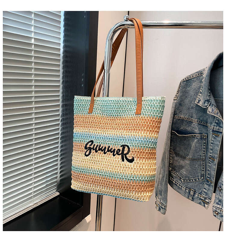 Lanjia- Handmade Straw Tote For Women, Large Capacity Commuter Bucket Single Shoulder Underarm Bag, Unique Rainbow Color Block Shopping Bag B2df9