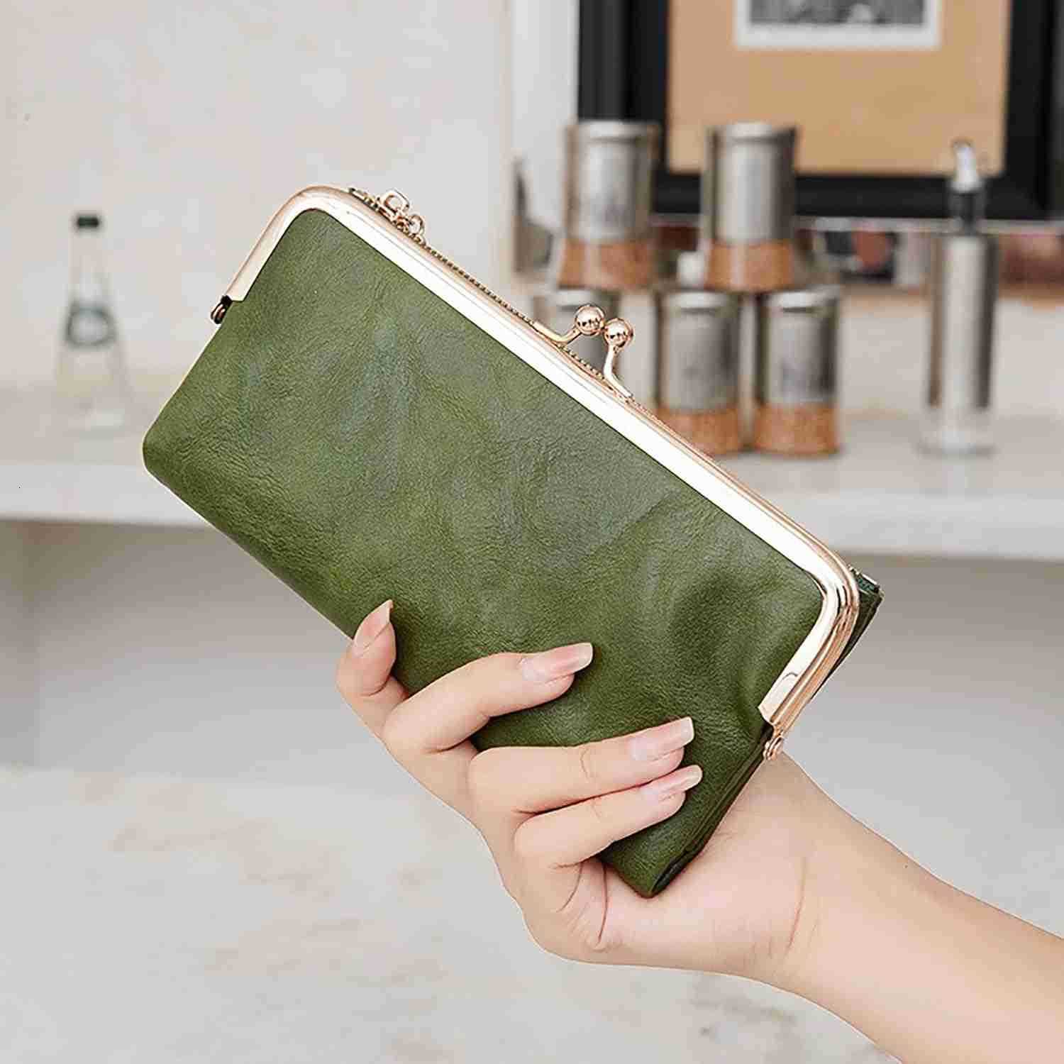 Women Long Wallets Bifold Ladies Purse Clutch with Kiss Lock and Zip Coin PocketZ250910