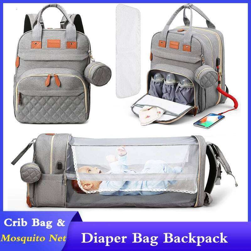 In 1 Foldable Baby Waterproof Travel USB Charge Diaper Bag Backpack with Changing Bed 3 types