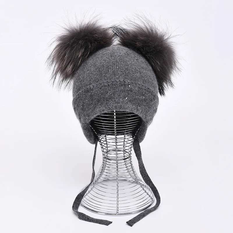 Jxer Baby Wool Hat Winter Cute Double Real Fur Pom Earfl Beanie Fluffy Warm Childrens Wool Hats with RhinestoneXJ250910