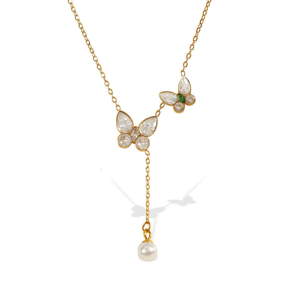 Japanese and Korean INS Necklace for Women Titanium Steel Fashion Commuting Style Butterfly Tassel Pearl Collarbone Chain Versatile Elegant