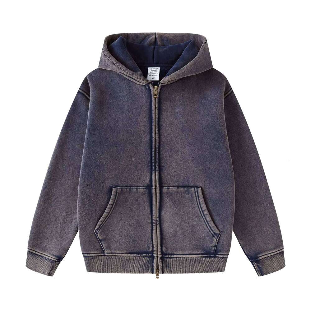 Acid Washed Wool Full Printed Logo Cotton Embroidery Vintage Zip Children's Hoodie