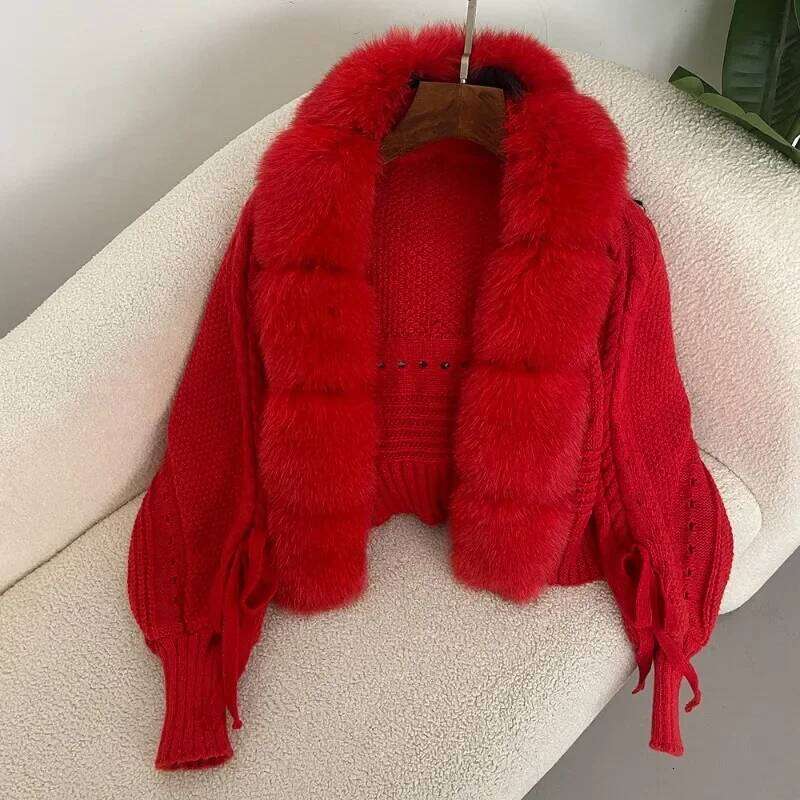 Designer Clothing 2025 Knitting Cardigan Placket Coat Casual Real Fox New Fashion Short Warm 2024 Winter Women Knitted Jacket With Natural Fur Luxury 
