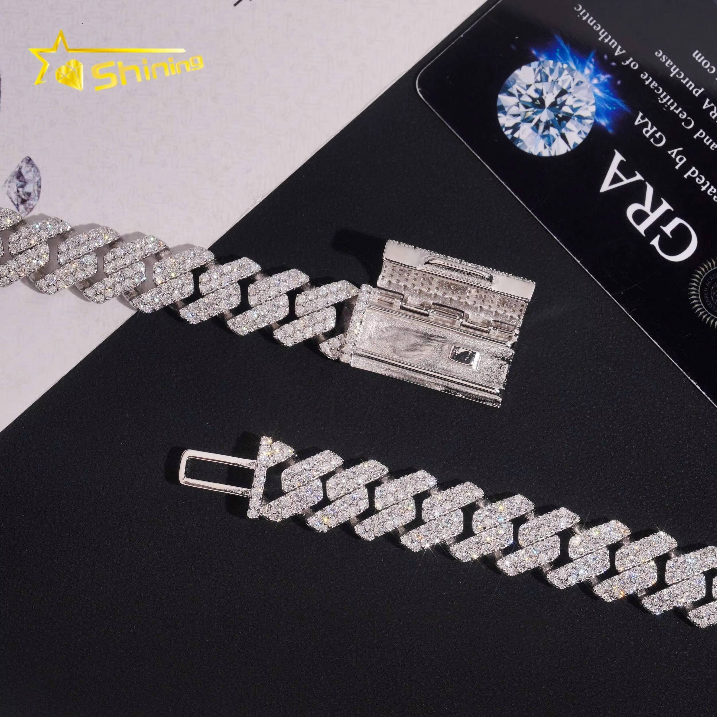 Pass Diamond Tester Two Row 14mm Width Iced Out Hip Hop 925 Sterling Silver Moissanite Cuban Link Chain