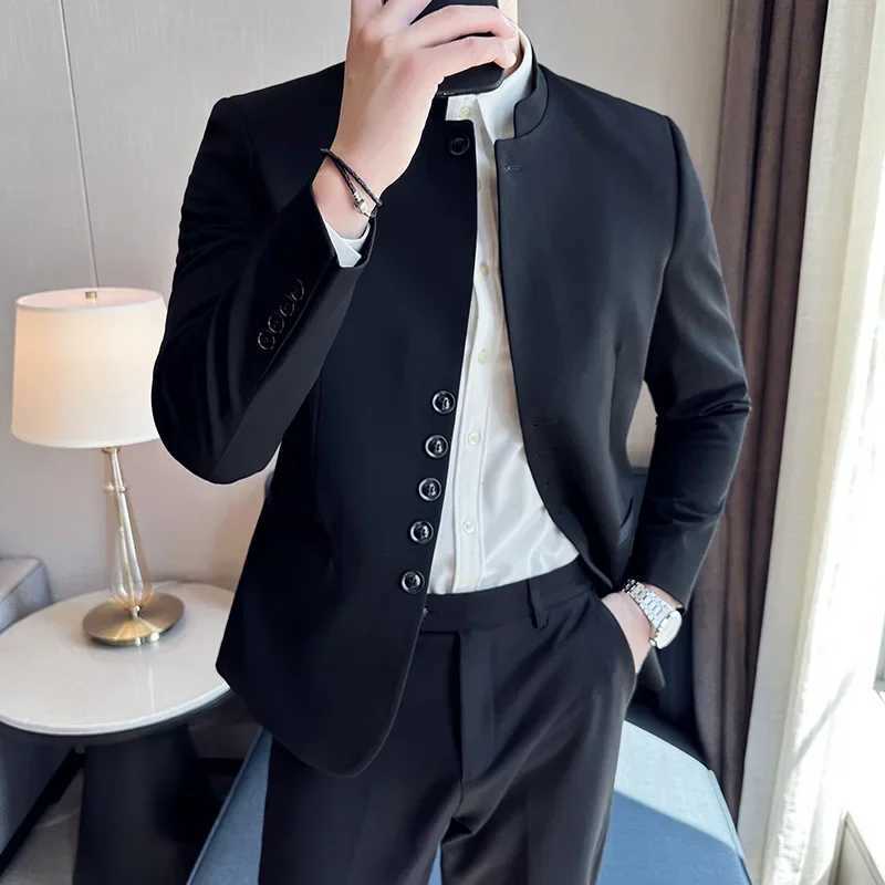 Highquality New Chinese Style Mens Suit Standing Collar Slim Fit ClassicBlazerPantsSolid Color Black 2 Pcs Wedding Dress W250910