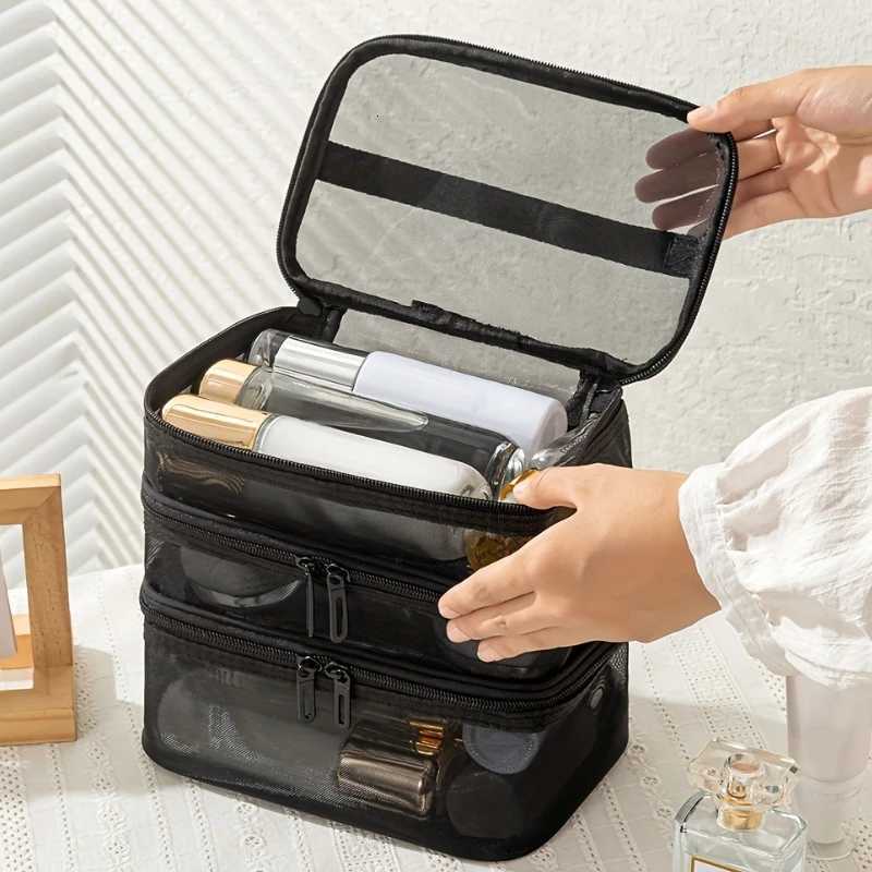 3Layer Mesh Cosmetic Bags Large Capacity Foldable Travel Organizer Bag for Toiletries Cosmetics Makeup Case BagXJ250910