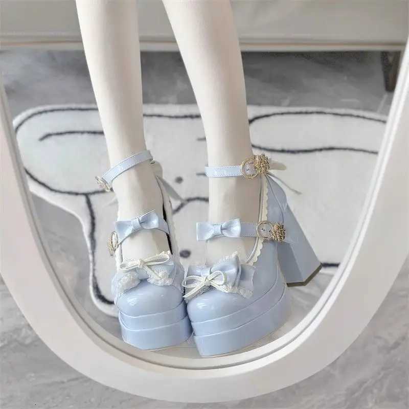 Lovely Girls Lolita Bowknots Platform Block Heels Shoes Platform Female Students Sweet Highheeled Delicate Elevator Mary Janes W250910