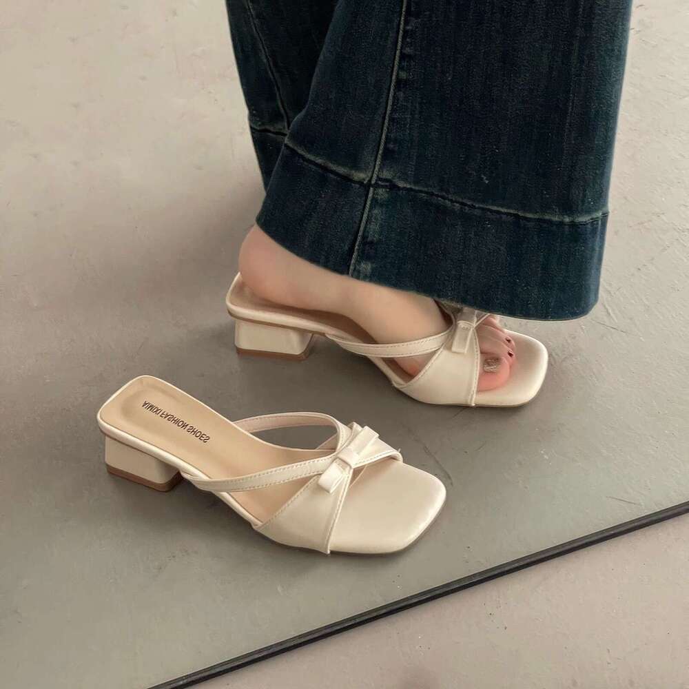 35-42 Evening French Style Squ Toe Bowknot Slip-On for Women Spring Summer New High-End Feel Outdoor Wear with Dress Sandals