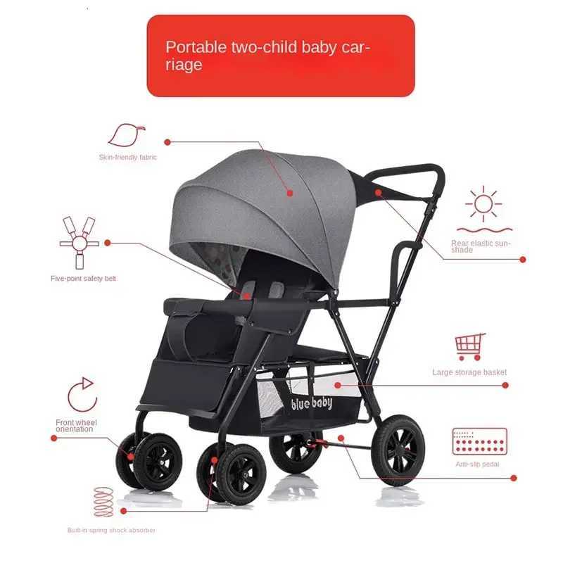 Baby Twin Stroller Removable Rear Seat 07 Years Old Double stroller Onekey Folding Fourwheel Antiskid Shock Absorption W250910