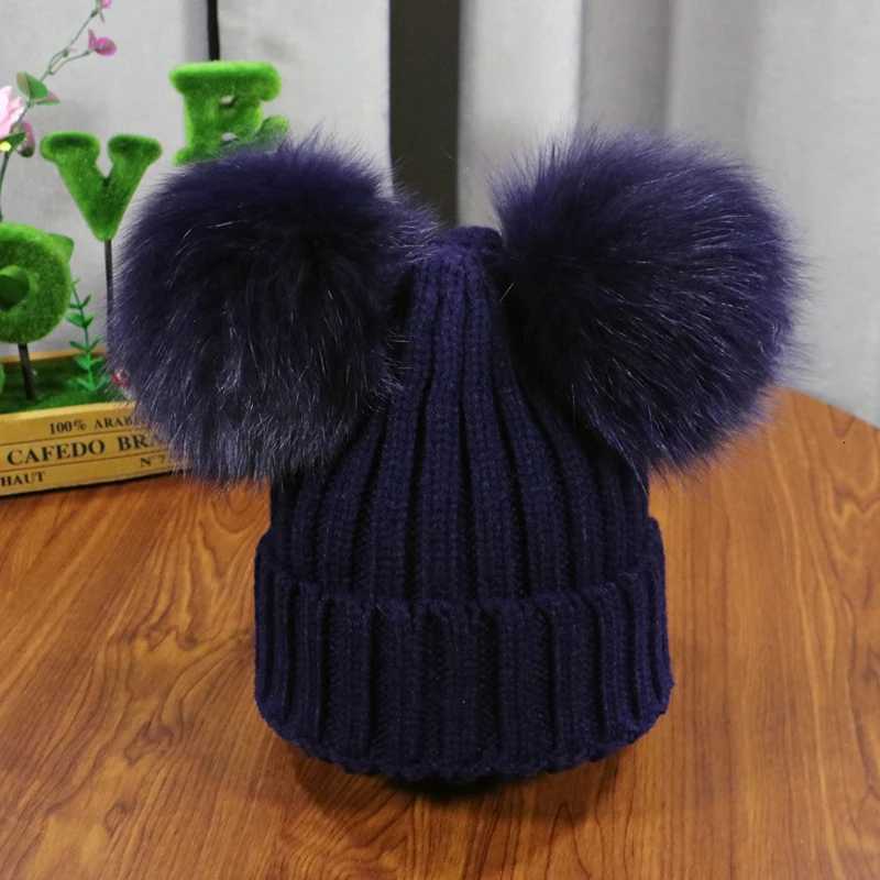Winter Baby Knit Hat With Two natural Pompoms Boy Girls Natural Fur Beanie Kids Cs Double Real Fur Pom Hat for ChildrenXJ250910