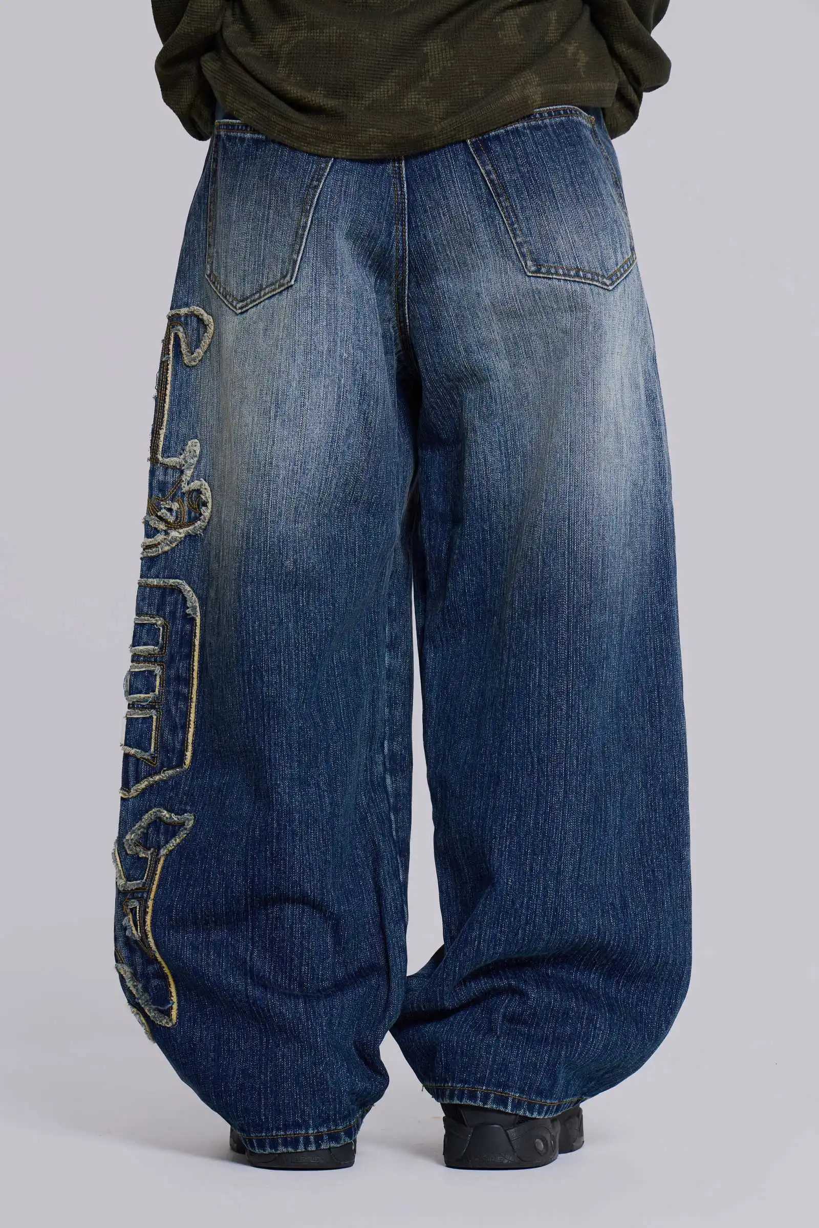 Y2K Vintage Side Letter Patch Womens Jeans American Design Sense Hiphop Blue Loose Wideleg Pants Couple Streetwear Jeans Z250910